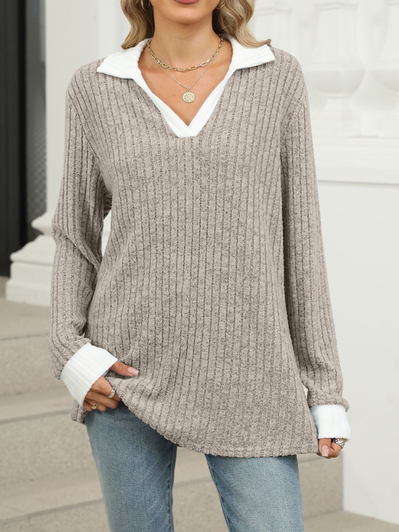 Ribbed Knit Long Sleeve T-Shirt