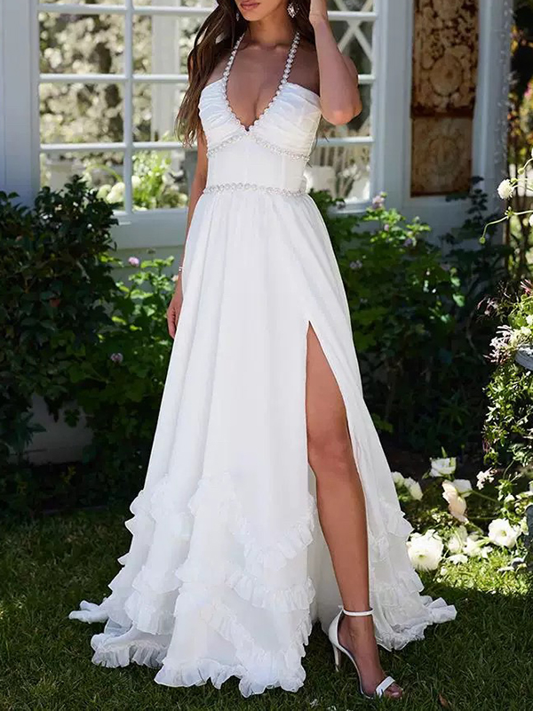 White Color Euffled Sleevless Spaghetti-Neck Split-Side Maxi Dresses