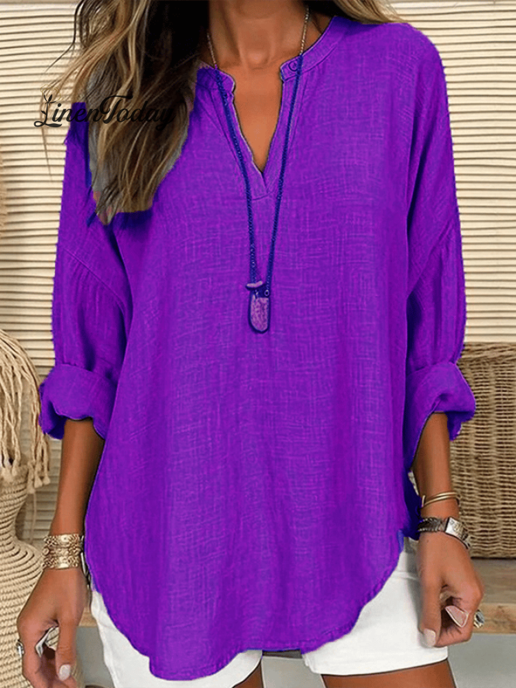 Women's Cotton Long Sleeve Round Neck Solid Color Loose Beach Shirt