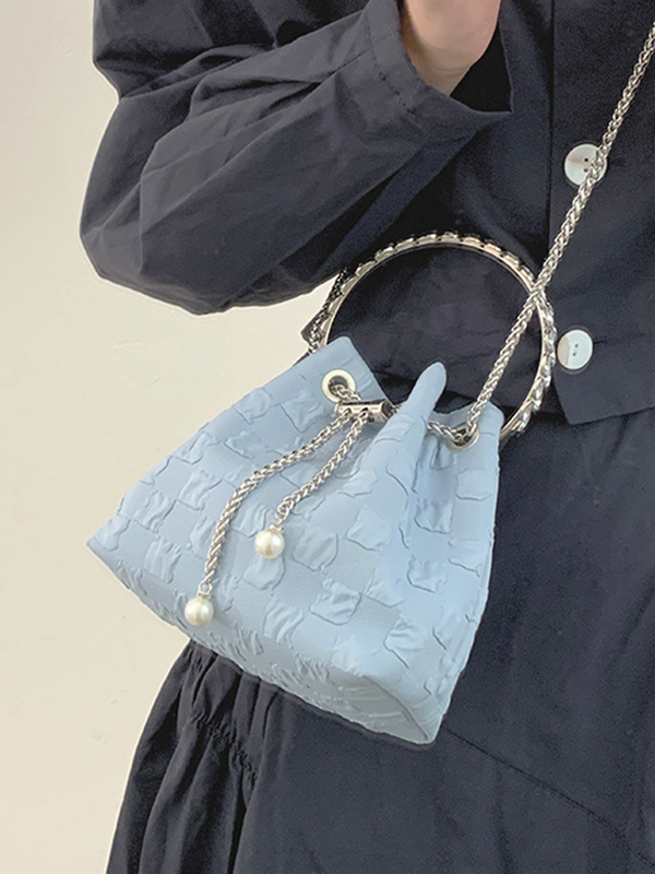 Urban Solid Color Checkered Chain Bucket Messenger Bags