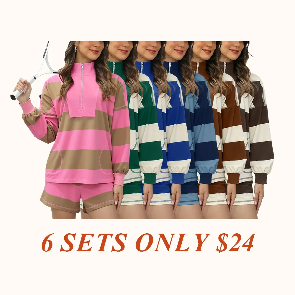 Women's Lounge Set 2 Piece Striped Long Sleeve Quarter Zip & Short Sleeve T Shirt