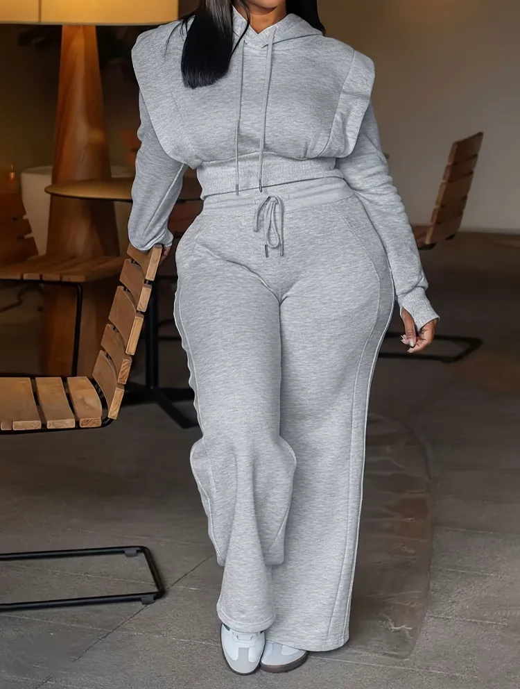 Women’s Hooded Sweatshirt & Wide-Leg Pants Set – Slim Fit, Casual Sportswear