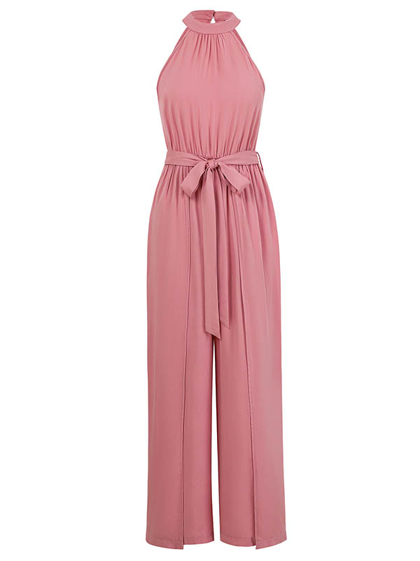 Pleated Solid Color Split-Front Tied Waist High Waisted Loose Halter-Neck Jumpsuits