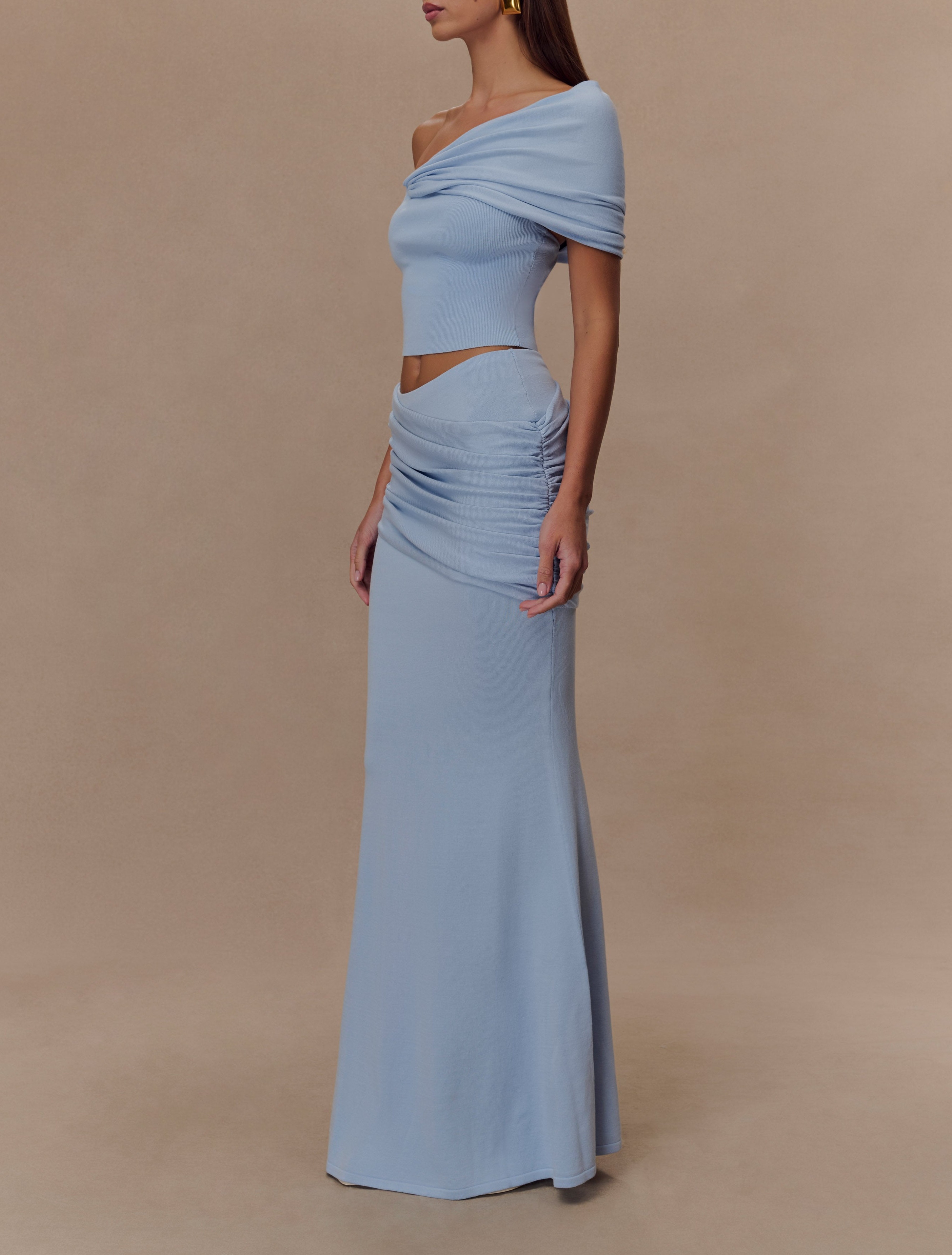 Blue Gathered Knit Maxi Skirt