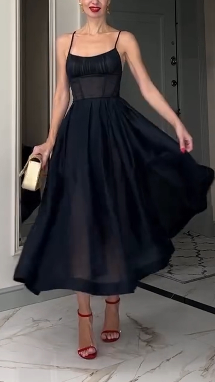 Women Spaghetti Strap Patchwork Solid Color Elegant Casual Dress