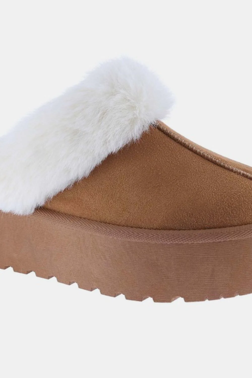 Thick Bottom Fur Trim Snow Slippers in Tan