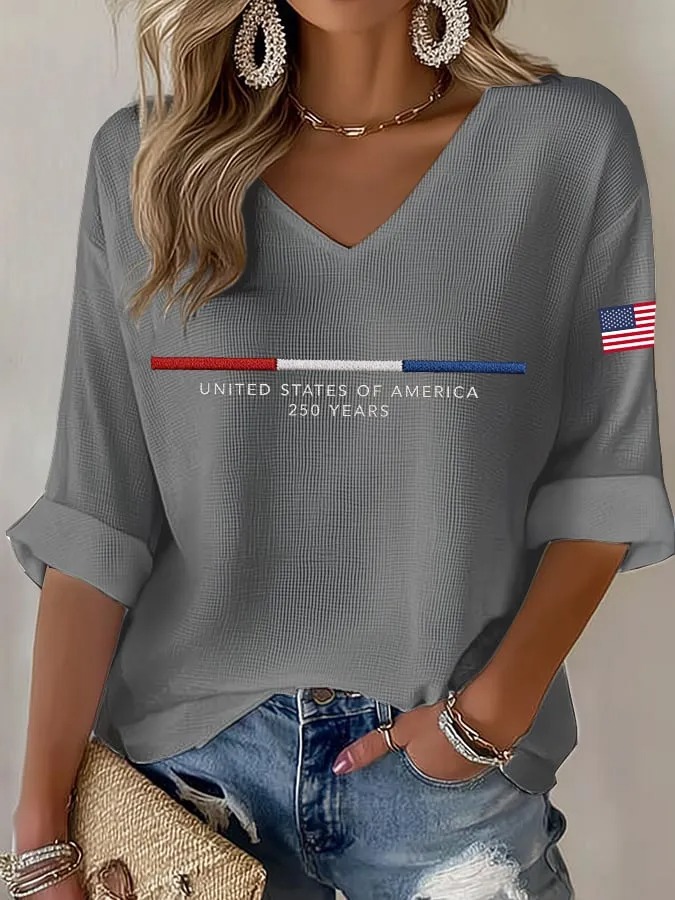 Women'S 250Th Anniversary Printed V-Neck Top For The Founding Of The United States
