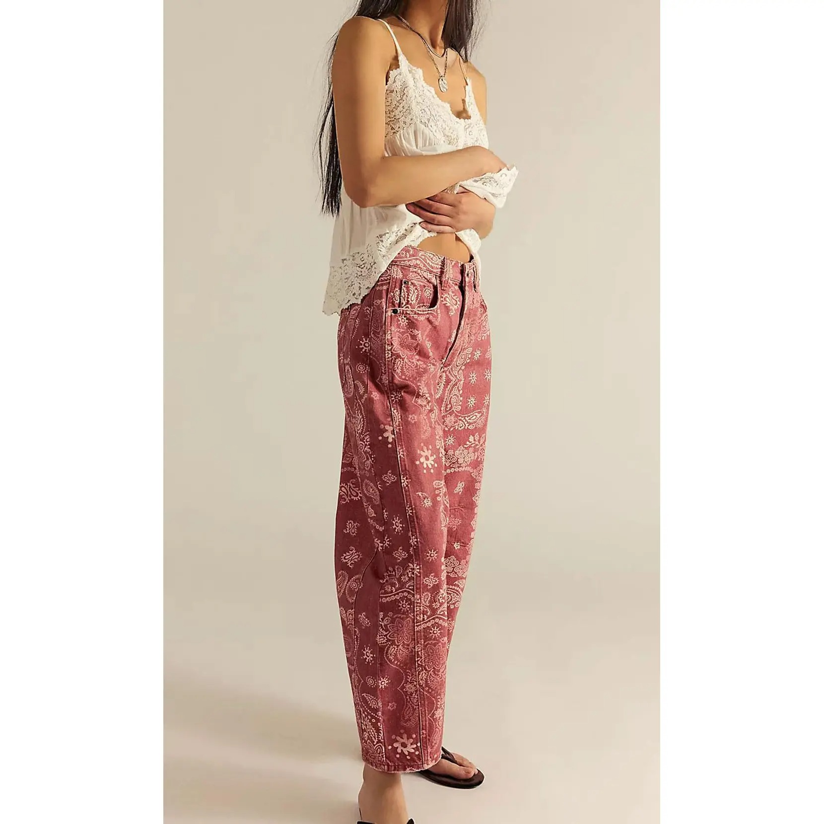 Women’s Printed Wide-Leg Denim Jeans – Y2K Loose Mid-Rise Boho Style