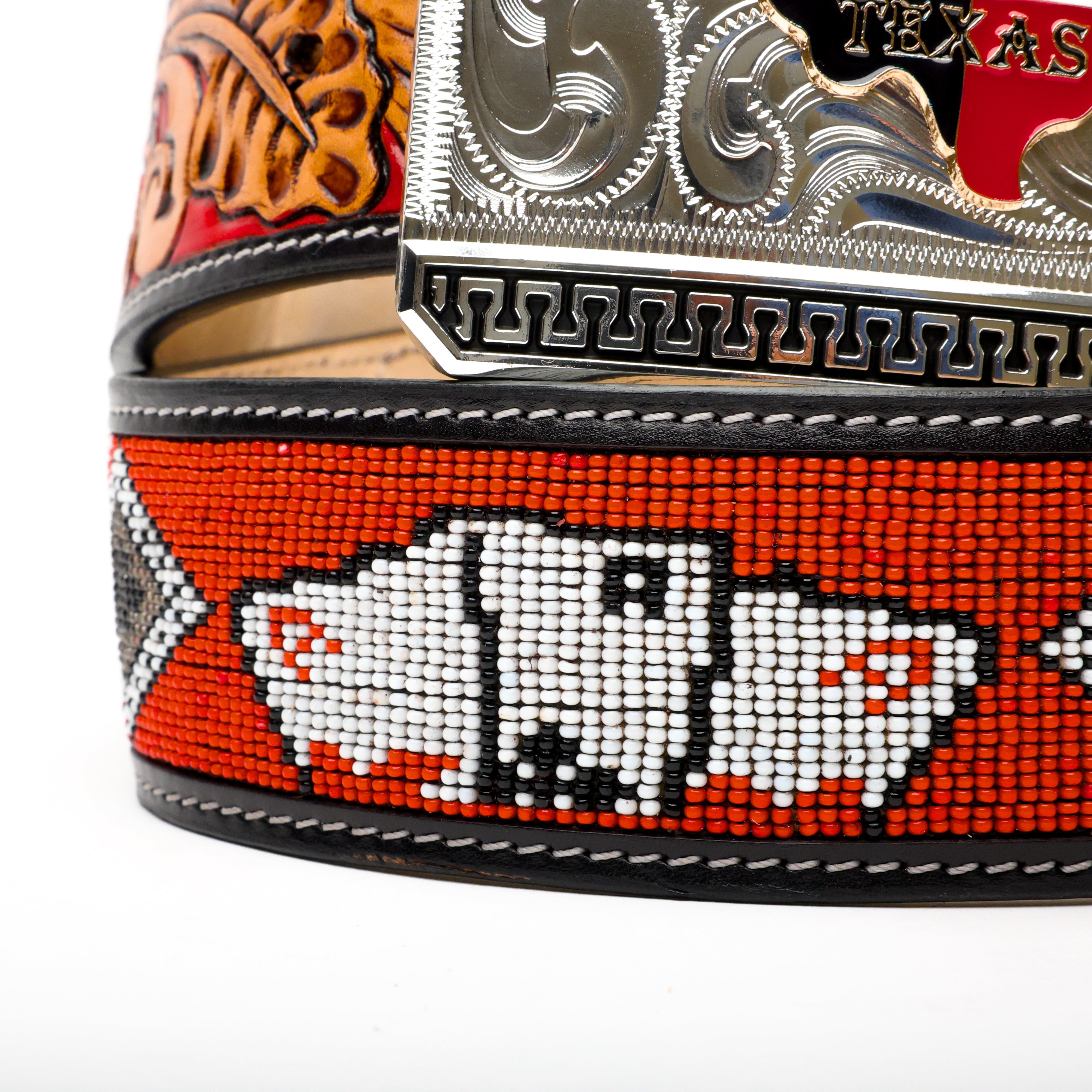2 Inch Hand-Tooled Artesanal Beaded Leather Belt