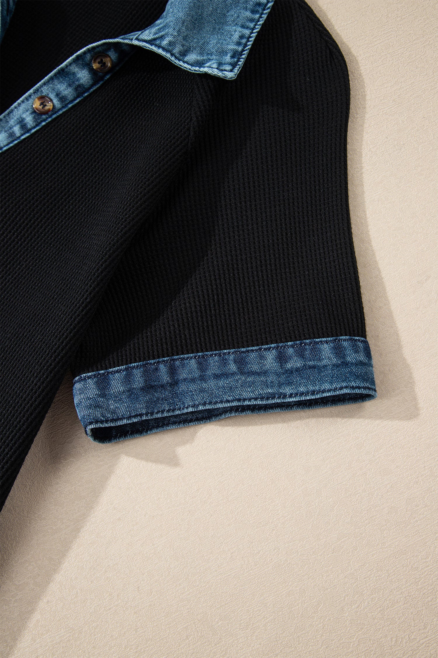Black Waffle Knit Denim Contrast Trim Patchwork Button Polo Tee Dress