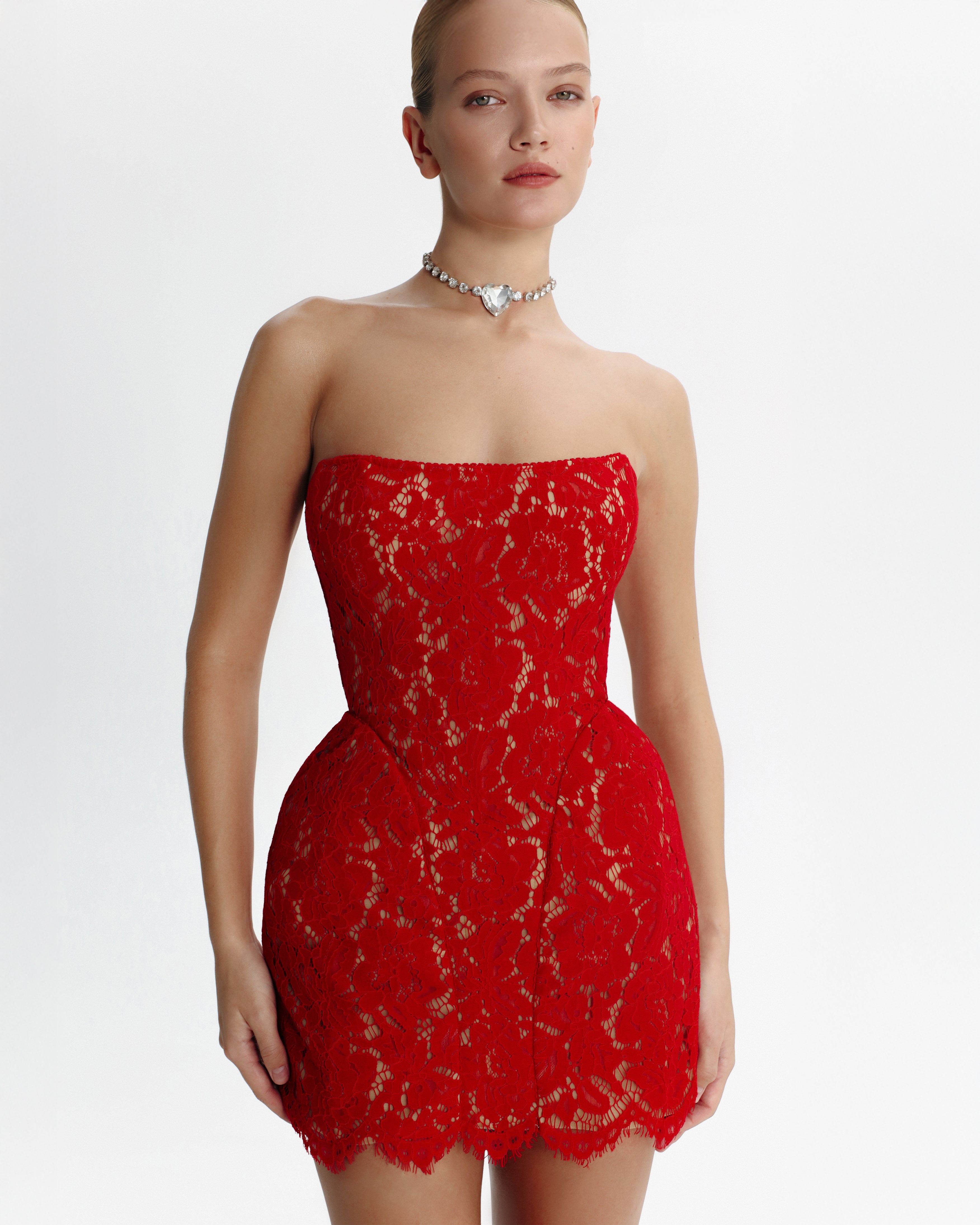 Fitted red lace mini dress