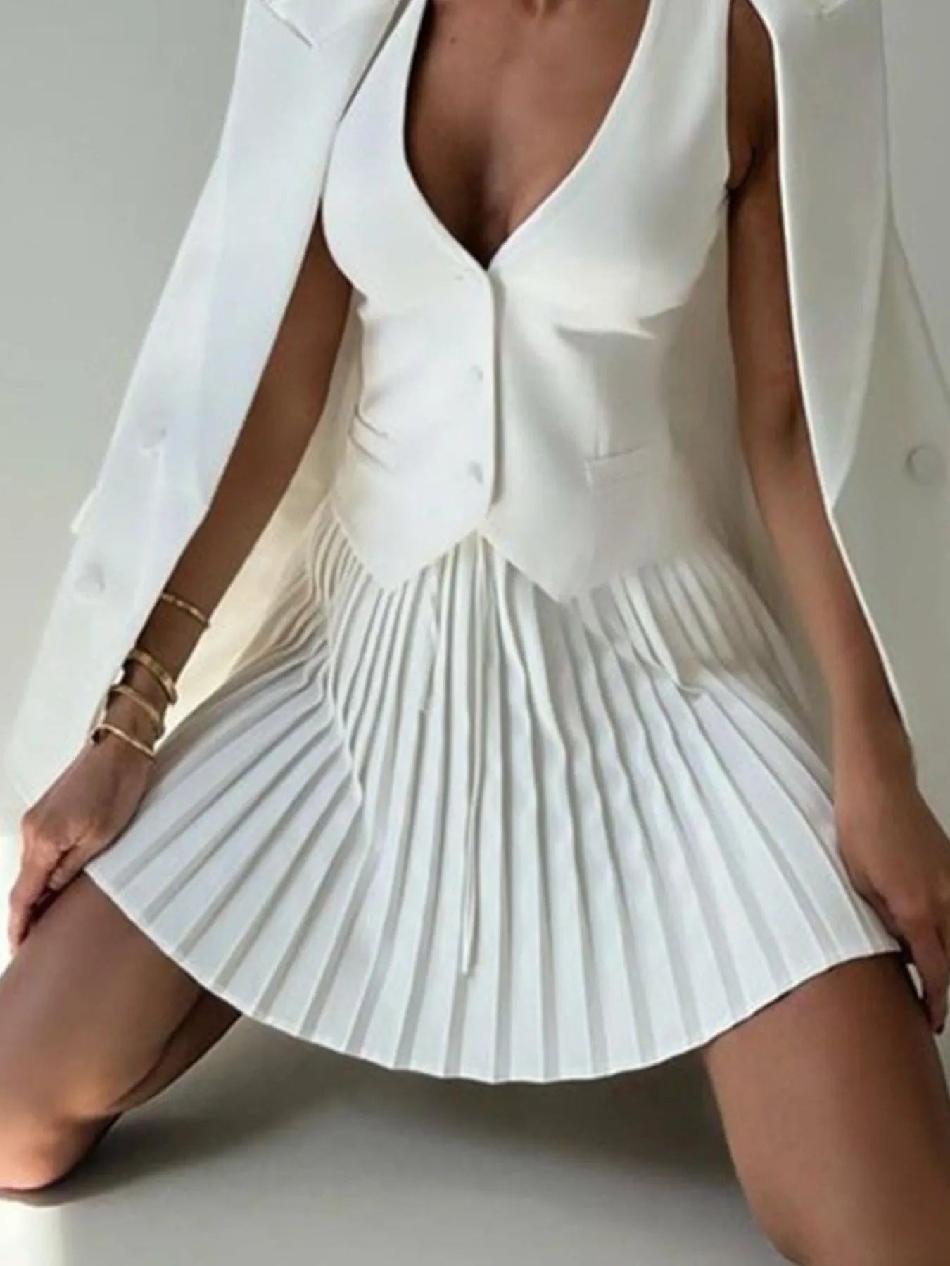 Button Up Vest and Pleated Mini Skirt Set