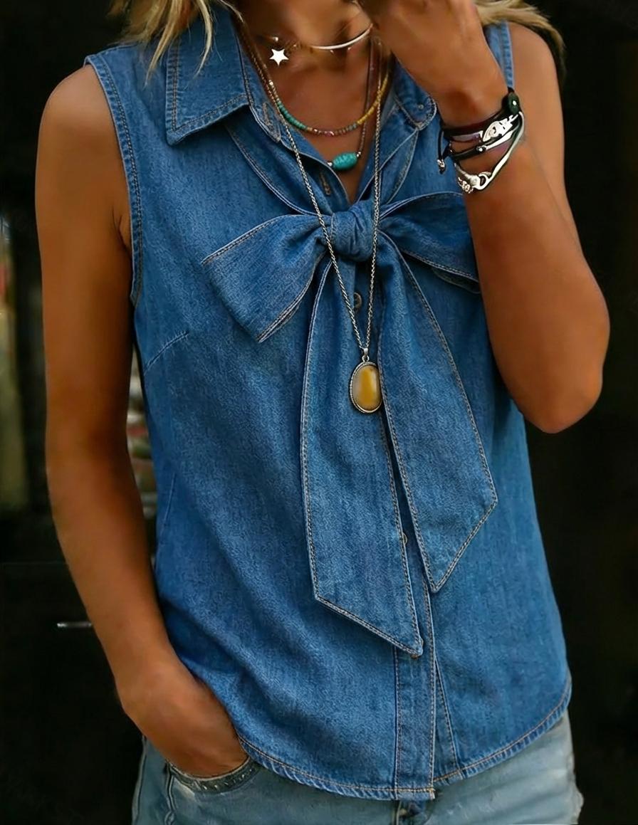 Women's Fashion Sleeveless Denim Top With Bow Tie Neck