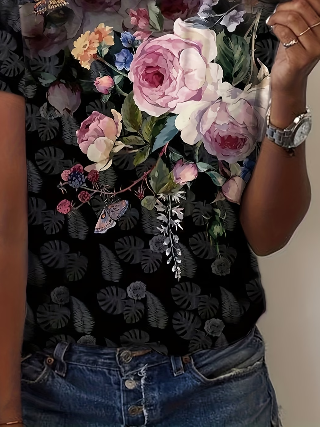 Women's Short Sleeve T-shirt Summer Black Floral Printing Jersey Crew Neck Daily Going Out Casual Top