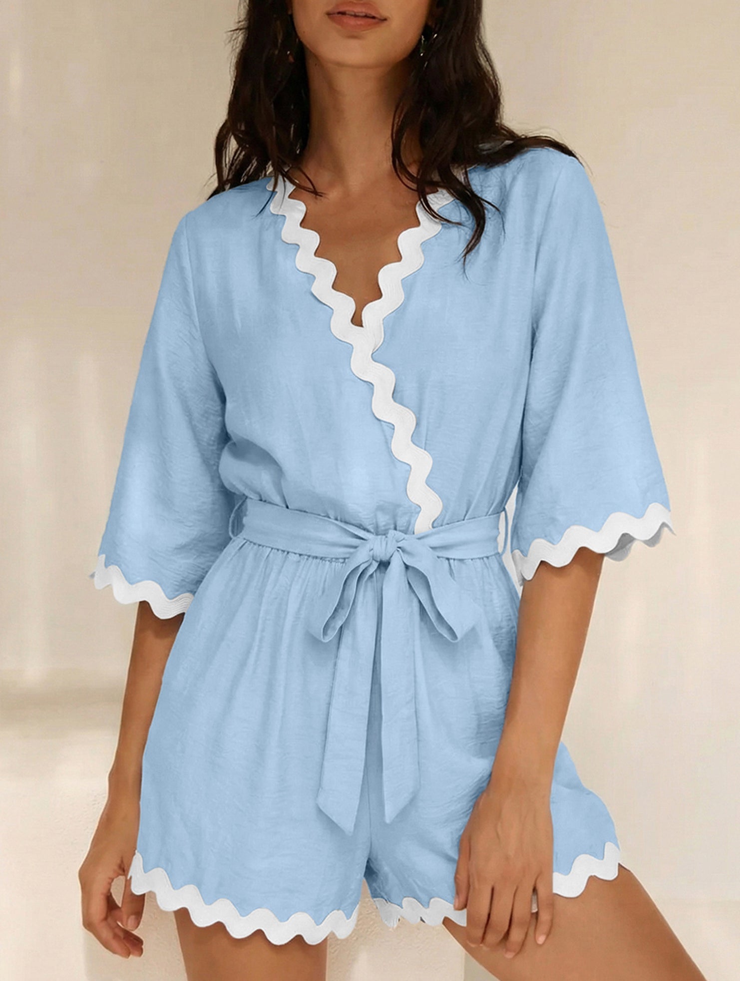 V Neck Lace Trim Romper