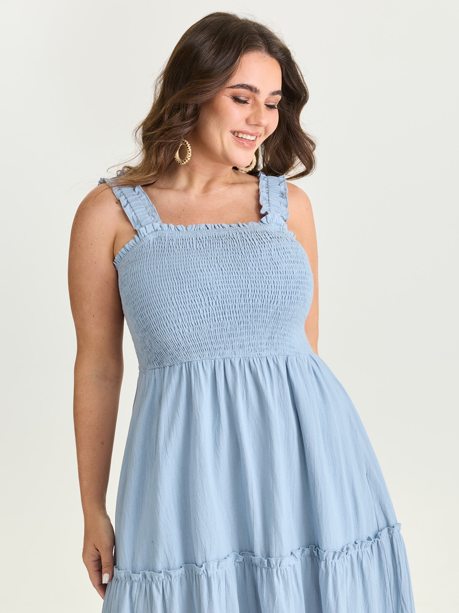 Cotton Shirred Bodice Ruffled Straps Plain Maxi Dress