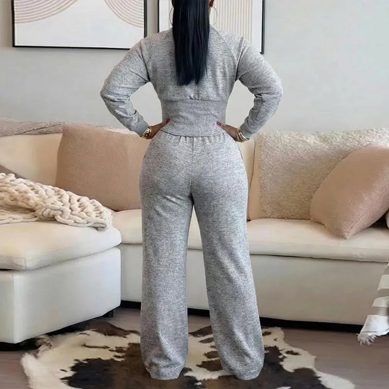Women's 2 Pieces Outfit O-neck Long Sleeve Cinched Waist Sweatshirt and Elastic Waist Wide Leg Pants Set
