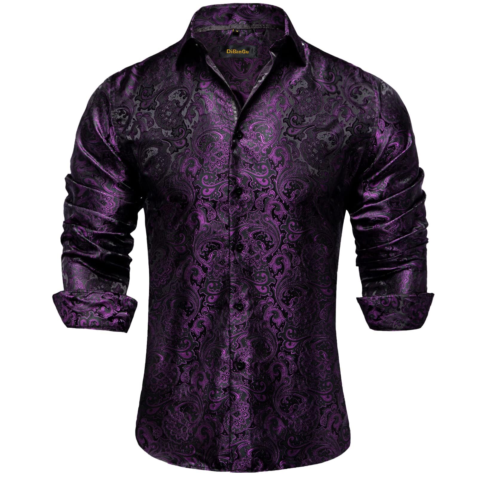 Men's Paisley Dress Shirt Long Sleeve Wrinkle Free Button Down Cowboy Shirts - Black&purple&paisley