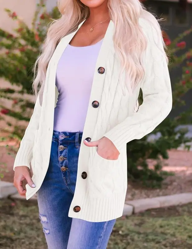 Women's Fall Casual Long Sleeve Button Down Open Front Cable Knit Cardigan