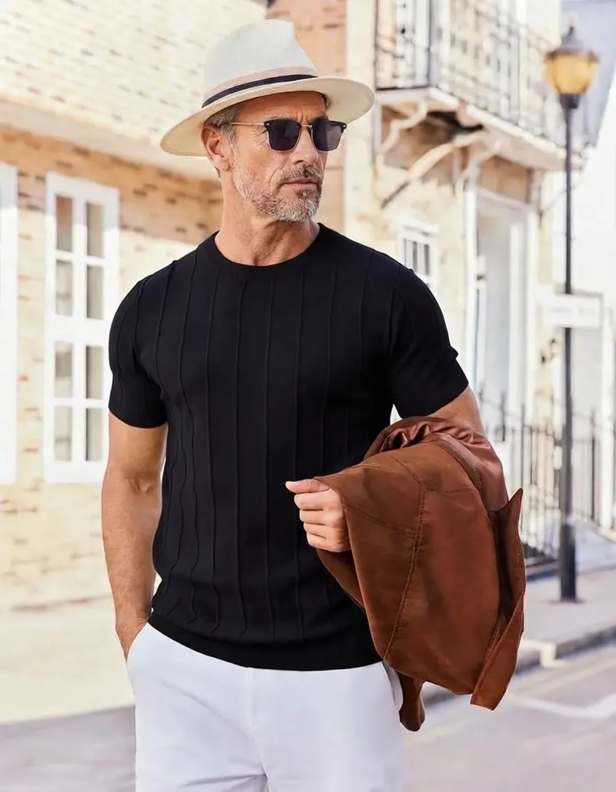 Last Day Promotion 🔥🔥 Crewneck Ribbed Pullover Men's T- Shirts Short Sleeve Knit Casual Tees