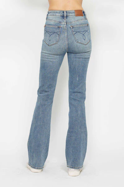 Blue Full Size Tummy Control Back Embroidered Pocketed Bootcut Jeans - Multiple Lengths