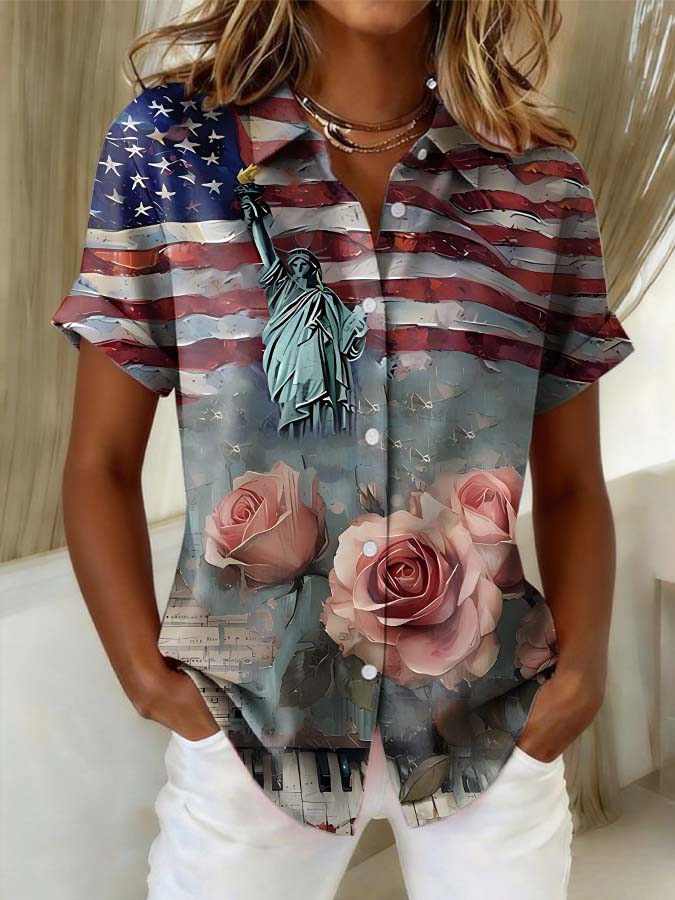 Women'S Independence Day Patriotic American Flag 250Th Anniversary Button Short Sleeve Shirt