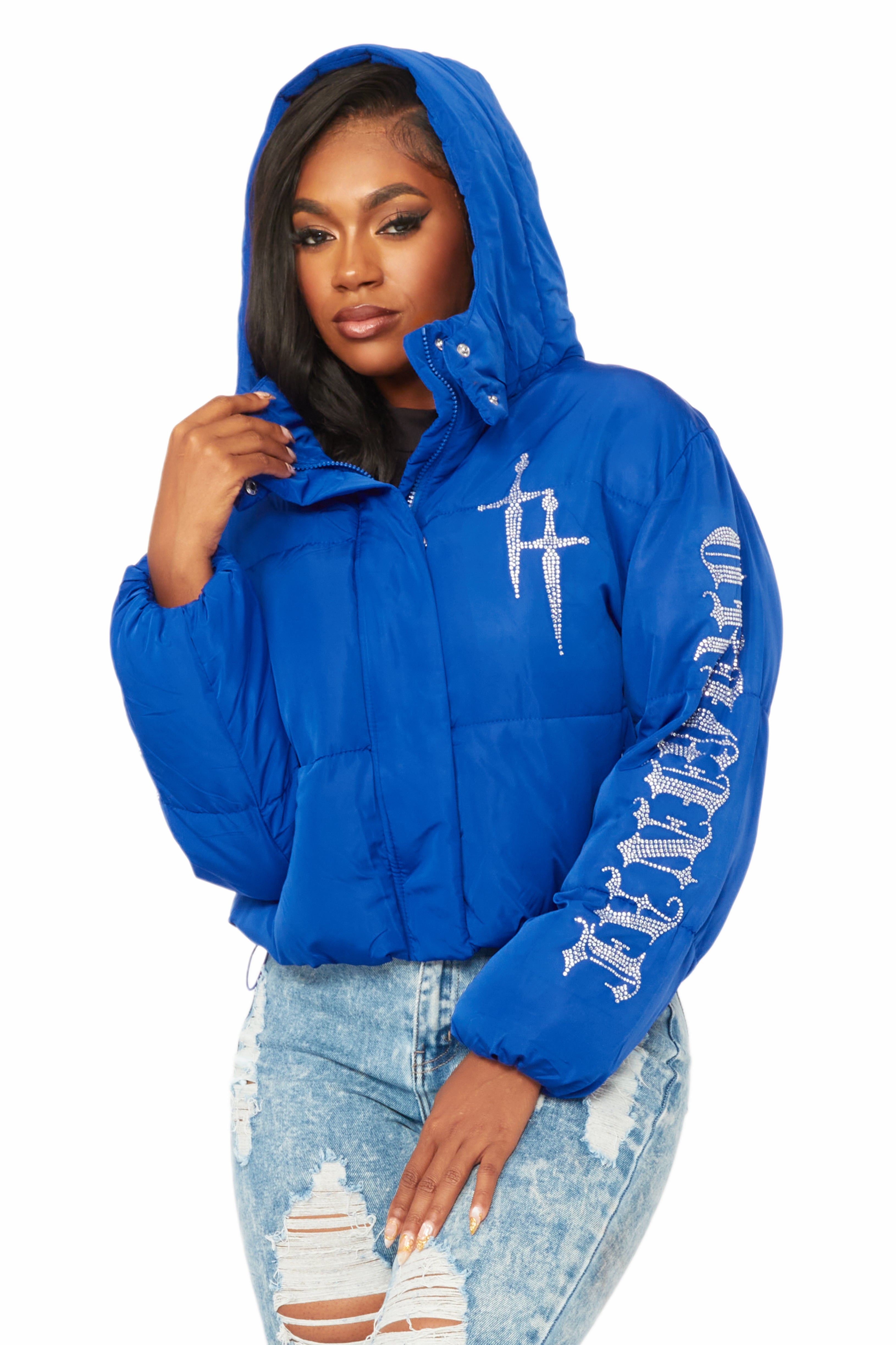 Kalisha Royal Blue Rhinestone Puffer Jacket