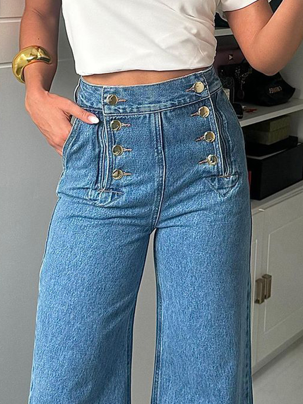 Buttoned Split-Joint High Waisted Loose Jean Pants Bottoms
