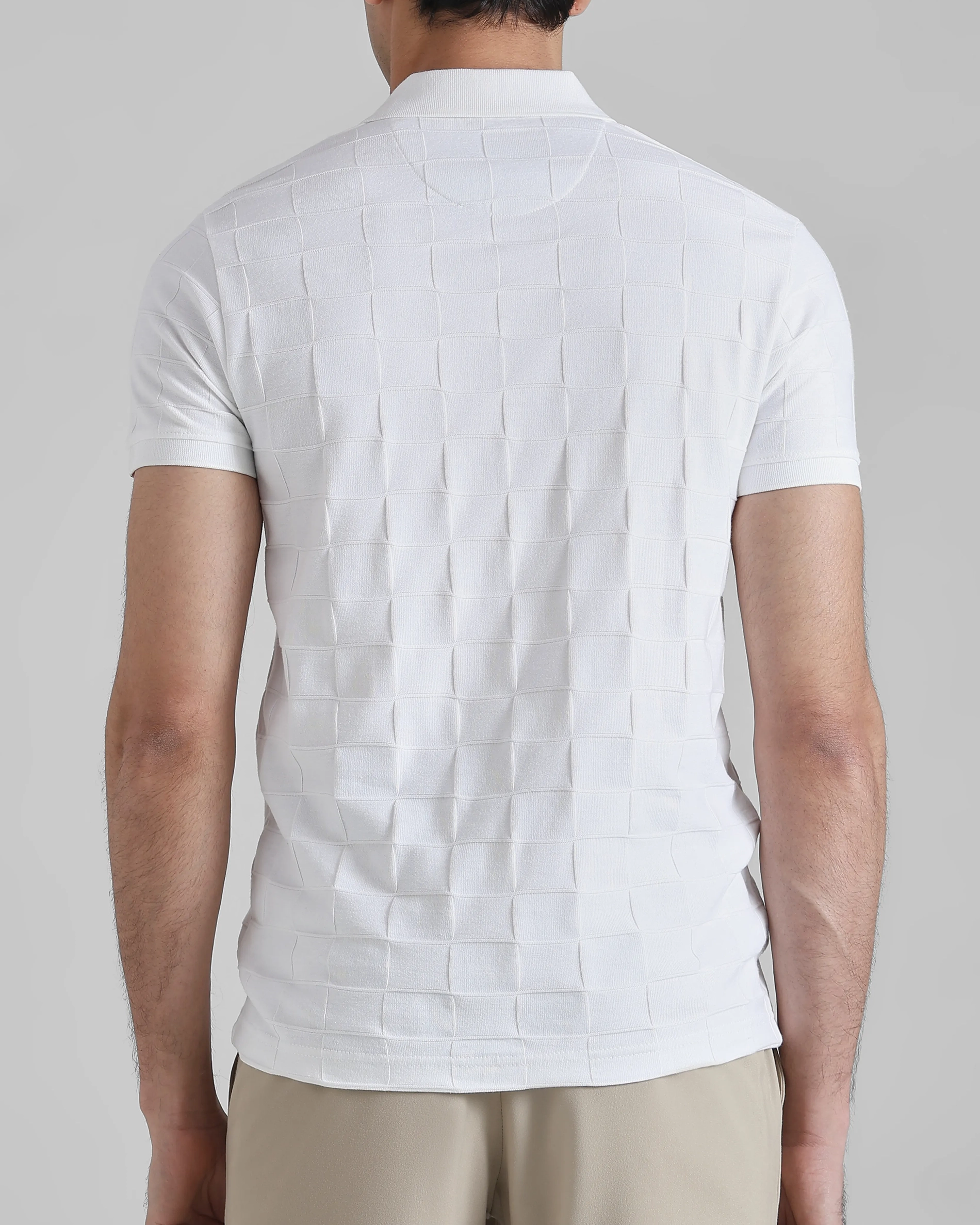 Casual Minimalist White Plaid Texture Polo Shirt