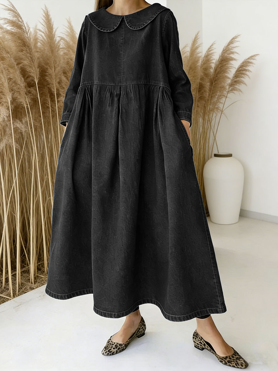 Women's Peter Pan Collar Long-sleeved Loose-fitting Casual Denim Dress
