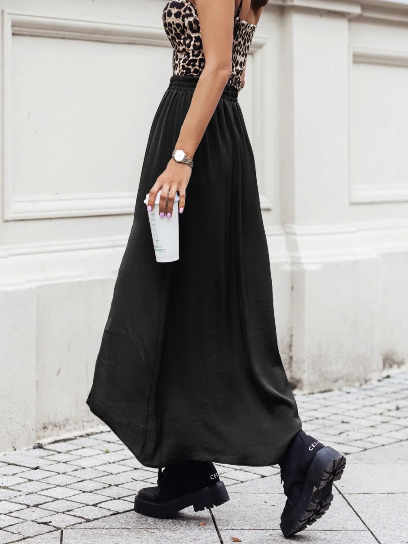 Elastic Waistband High-Slit Maxi Skirt