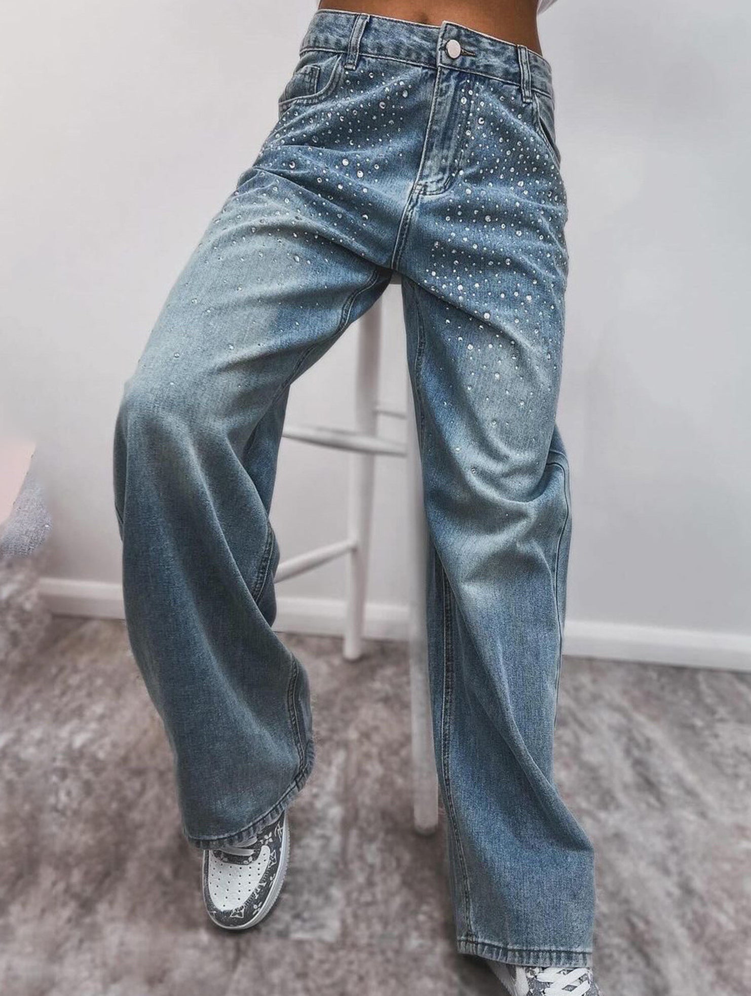 Retro loose-fitting rhinestone denim jeans