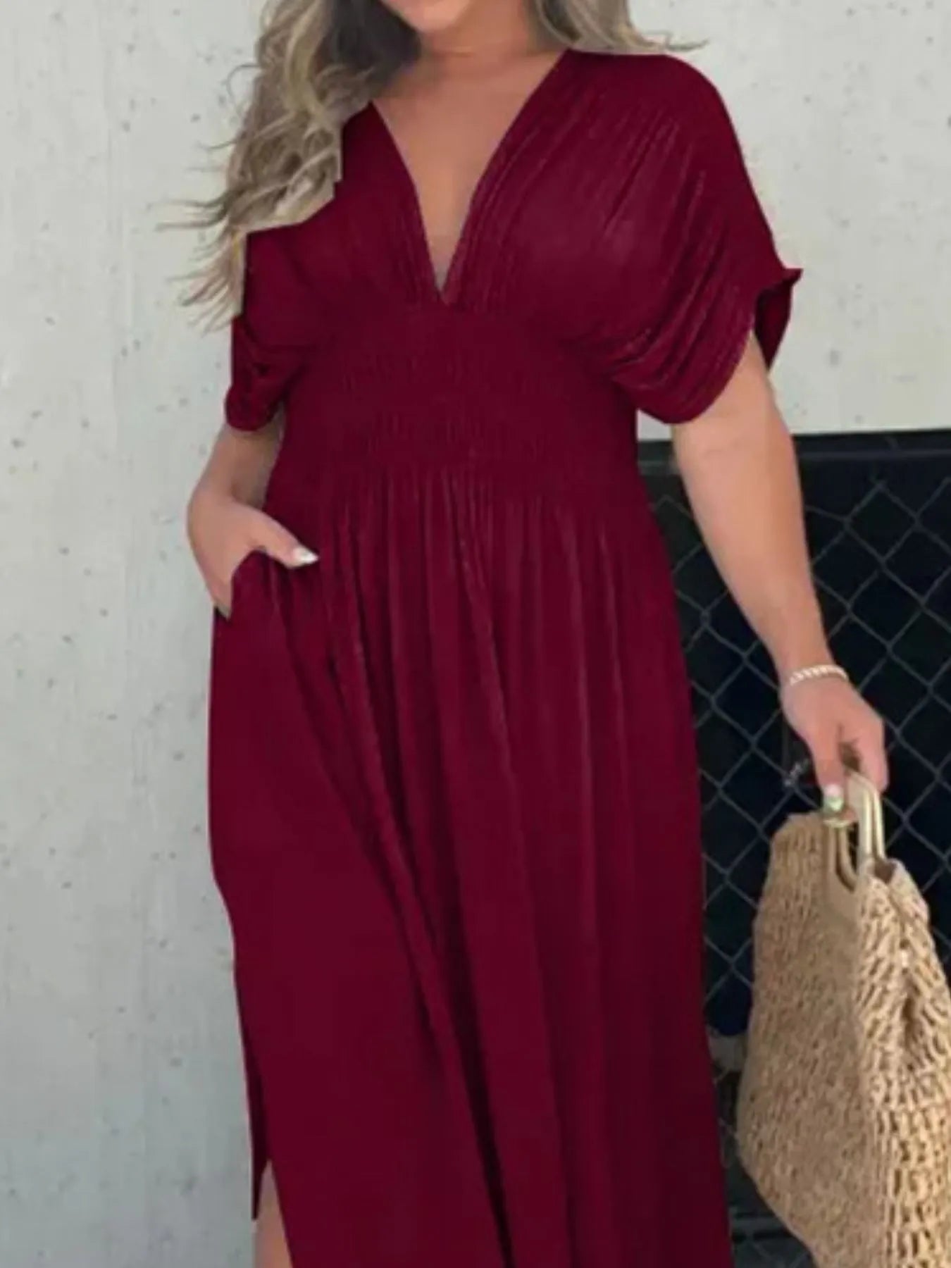 Full Size Deep V-Neck Maxi Dress with Side Slit Plus Size
