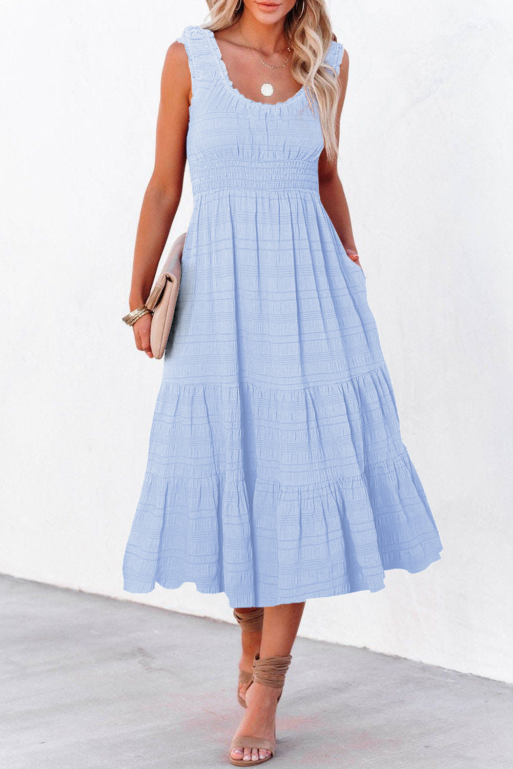 Sky Blue Shirred Pleated Square Neck Sleeveless Midi Dress