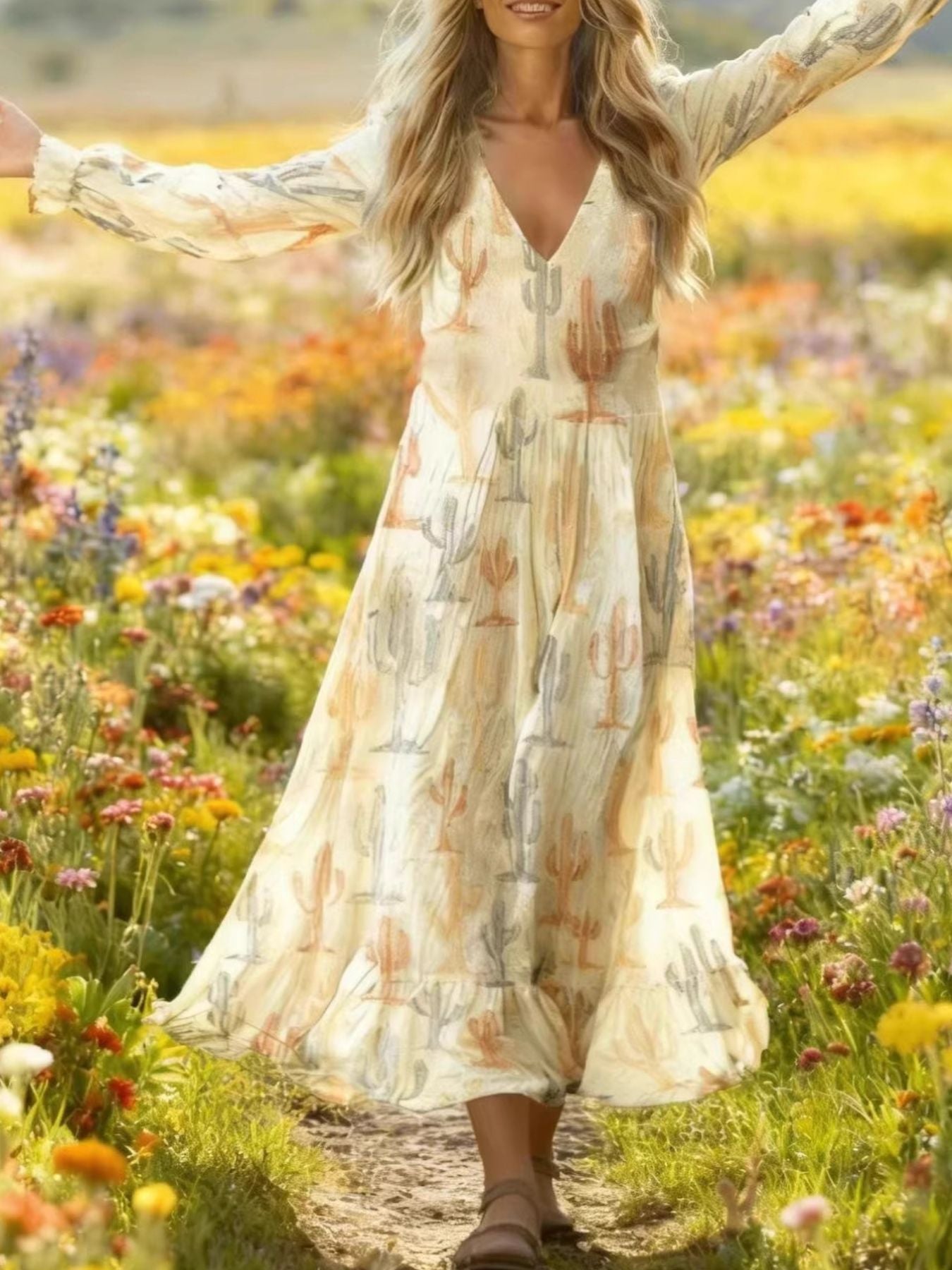 V-Neck Flounce Sleeve Dress