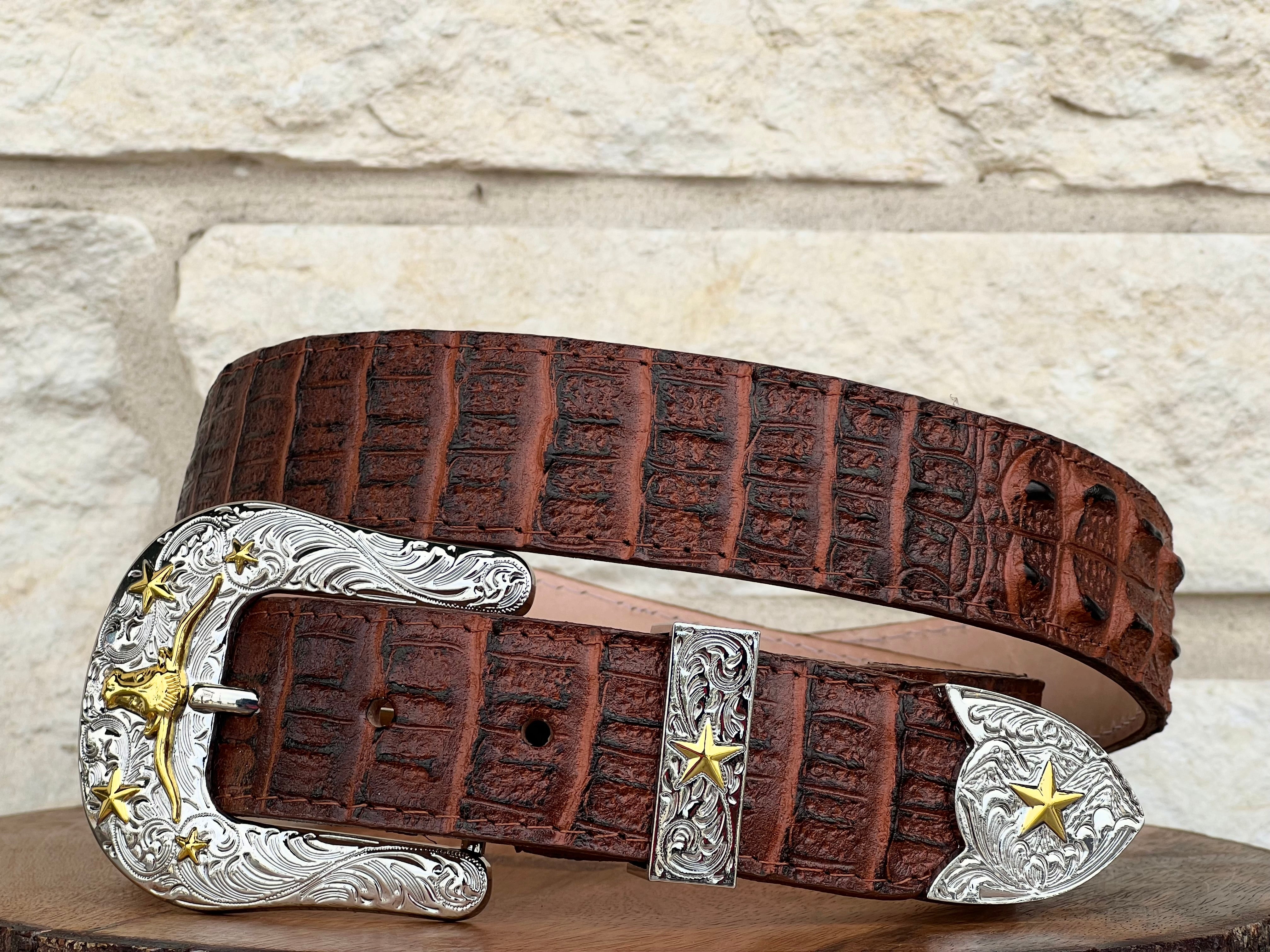 Cognac Caiman Leather Belt
