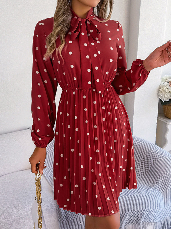 Elegant Polka-Dot Lace-Up Waist Long-Sleeved Pleated Skirt