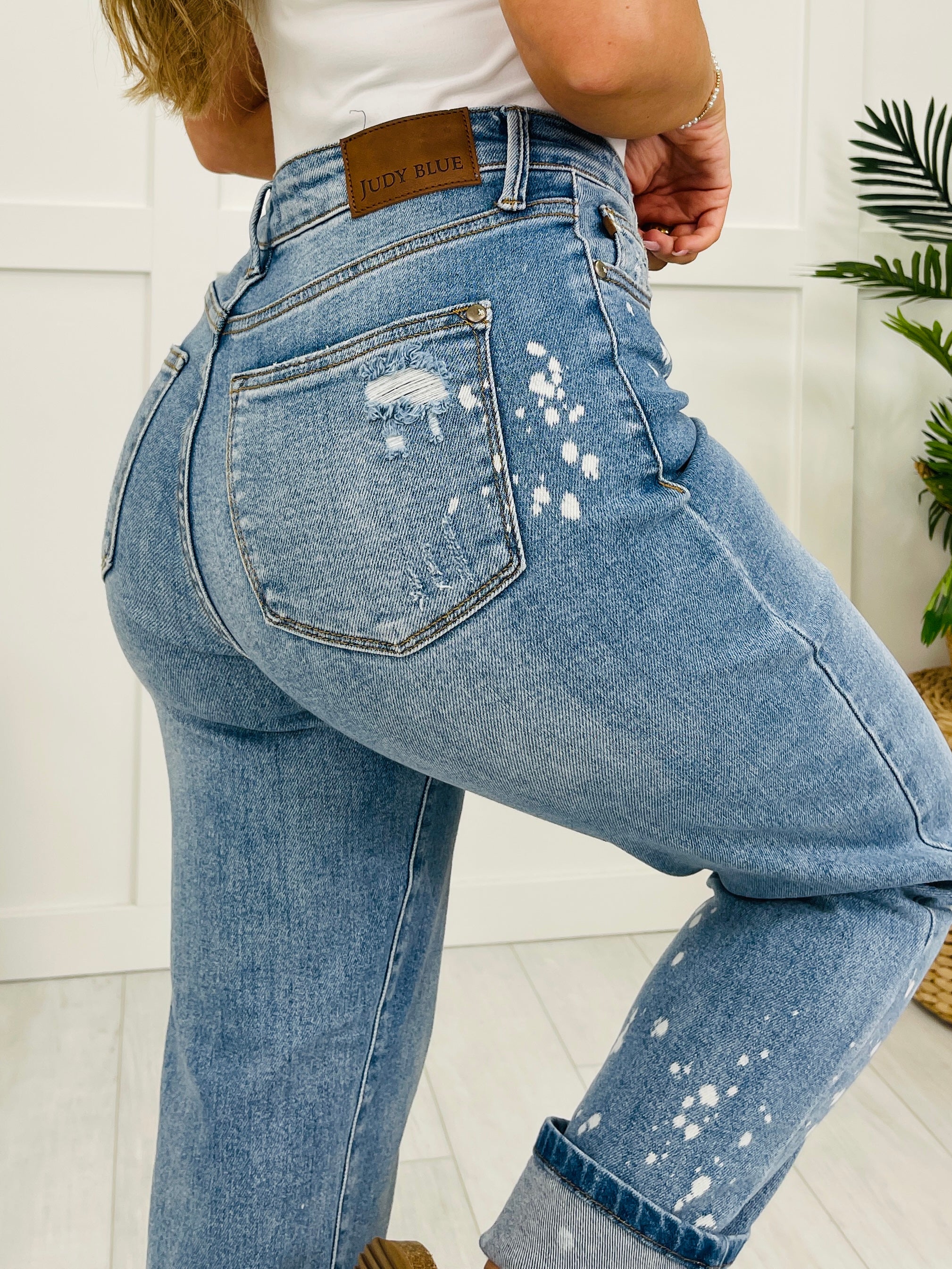 Judy Blue Confident & Carefree Bleach Splatter Boyfriend Jeans