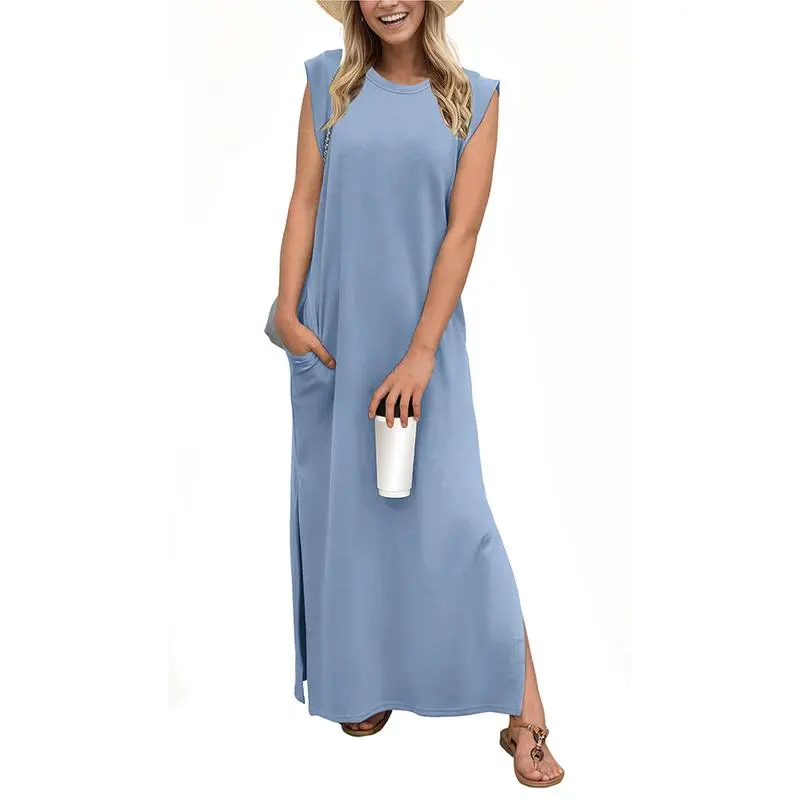 Women Loose Split Wrinkle-Free Long Dress with Pockets