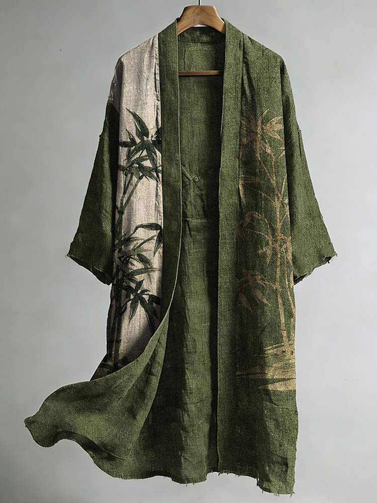 Men's Vintage Bamboo Japanese Art Print  Linen Long Kimono