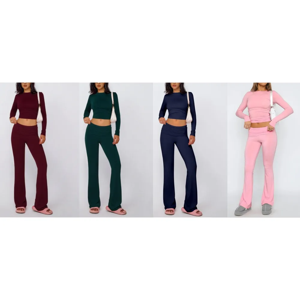 Women's Solid Long Sleeve Tee & Flare Leg Skinny Pants Loungewear Set