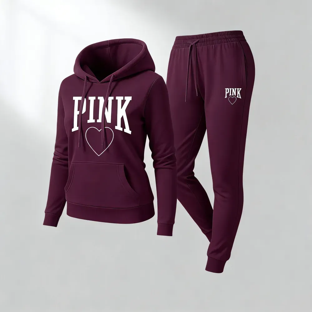 Women's Pink Heart Print Tracksuit