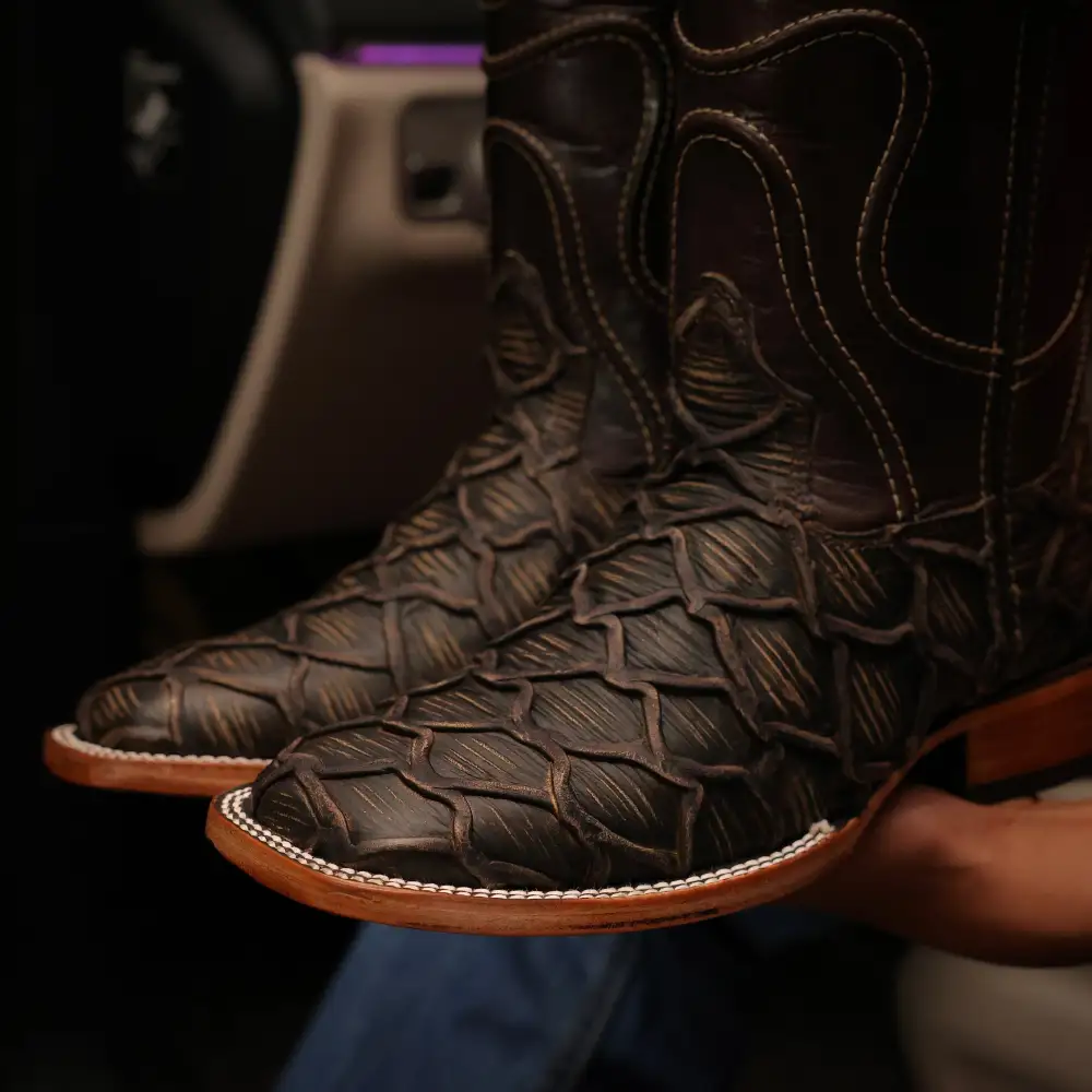 Brown Rustic Pirarucu Leather Boots - Square Toe