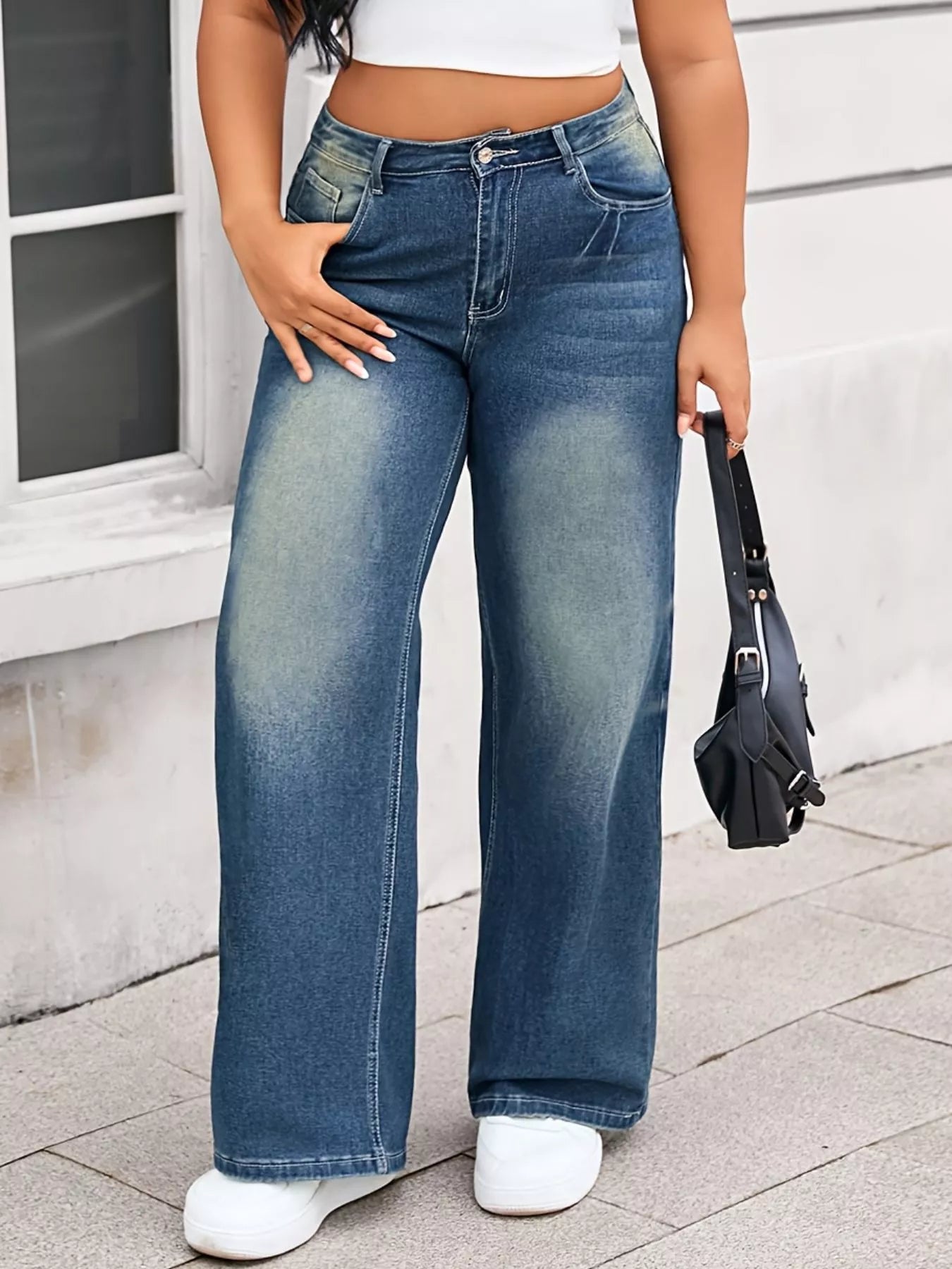 Plus Size Vintage Wash Wide Leg Jeans