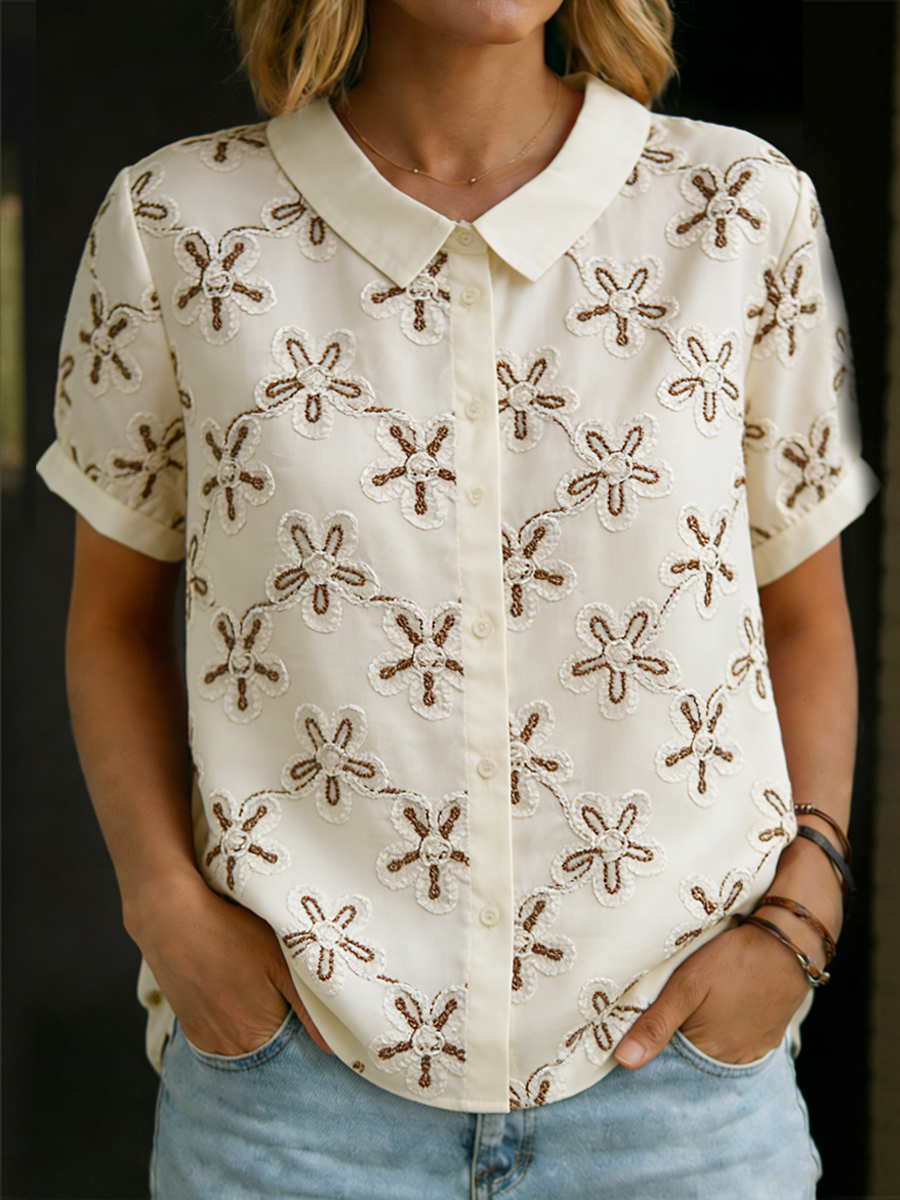 3d Embroidered Short-sleeved Cotton Shirt