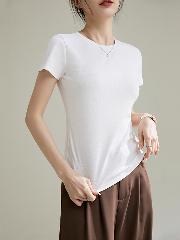 Solid Color Short Sleeves Skinny Round-Neck T-Shirts Tops