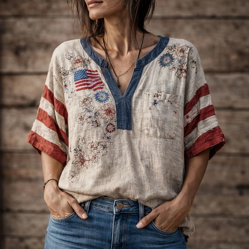 Women's America Floral Print Casual V-Neck 3/4 Sleeve