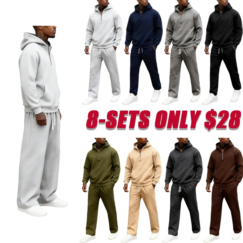 Men's Plain Two-piece Sweatsuit Set, Basic Regular Fit Casual Drop Shoulder Half Zip Hoodie & Pocket Drawstring Sweatpants