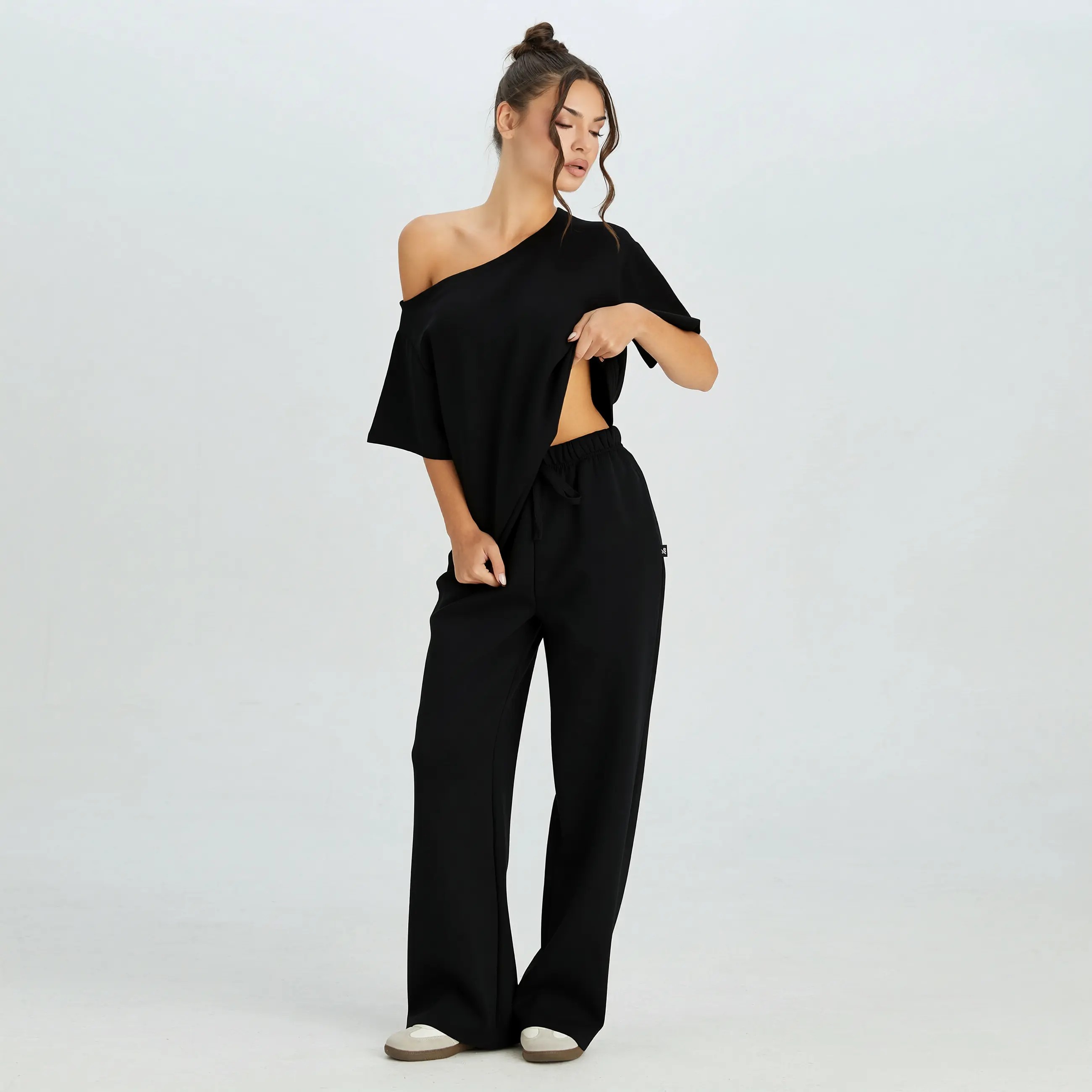 🔥Easter Sale!Women's Leisure Solid Color Sloping Shoulder Short Sleeve Top & Drawstring Waist Wide Leg Trousers Co-ord