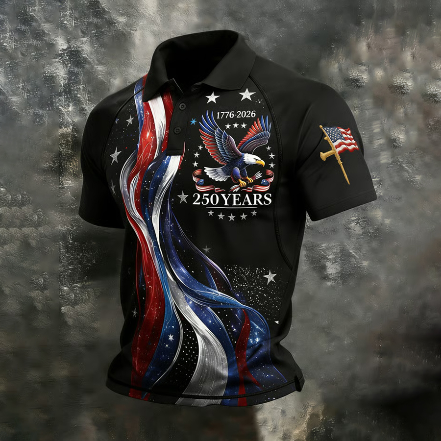 Men'S Retro American Founding Celebration Eagle Shoulder Polo Shirt